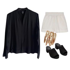 EILEEN FISHER SILK BLACK SHEER SLEEVES V-NECK TOP BLOUSE SZ L $278